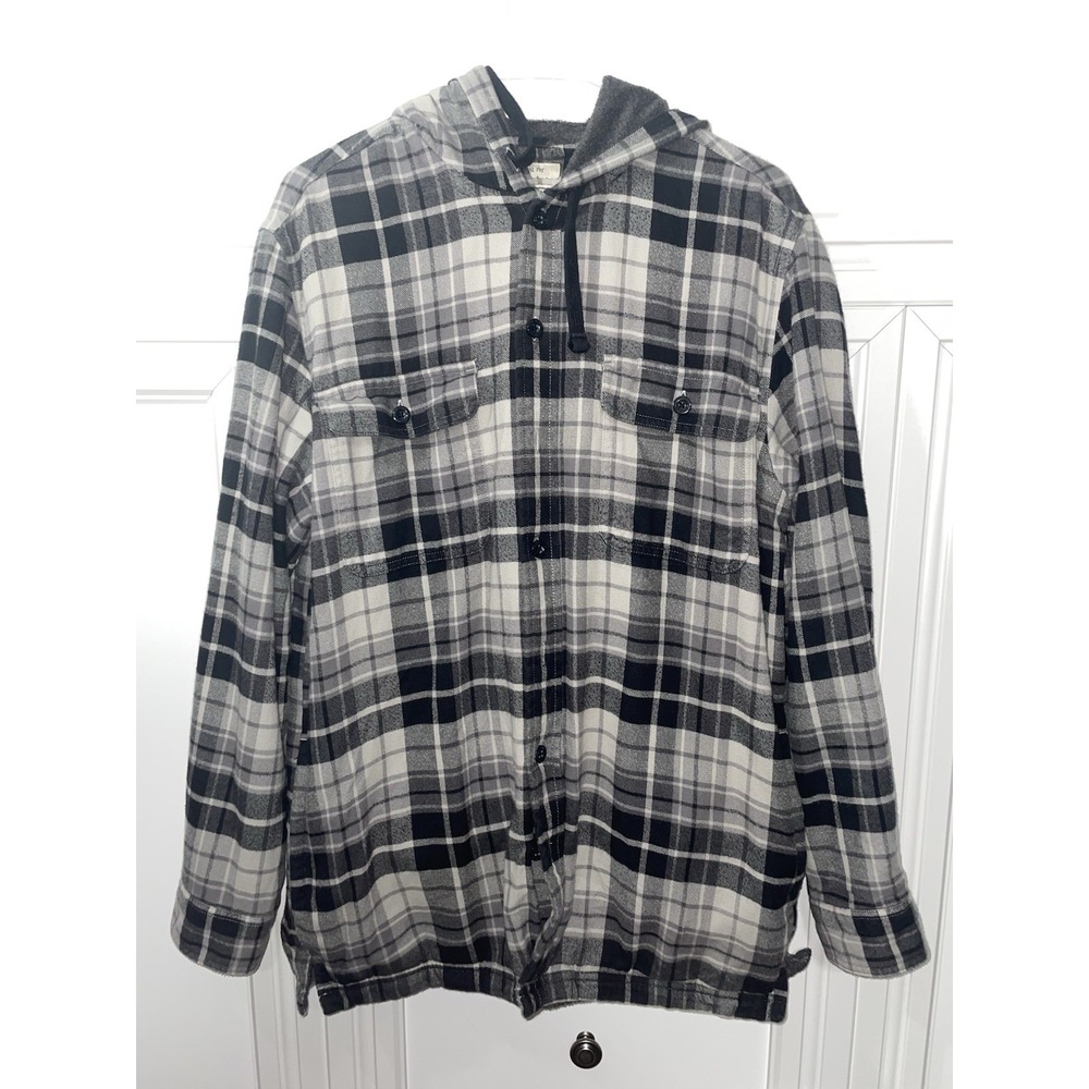 LL Bean Shacket Men's Medium Flannel Plaid Fleece Gray Thermal Hooded 298193🔥
